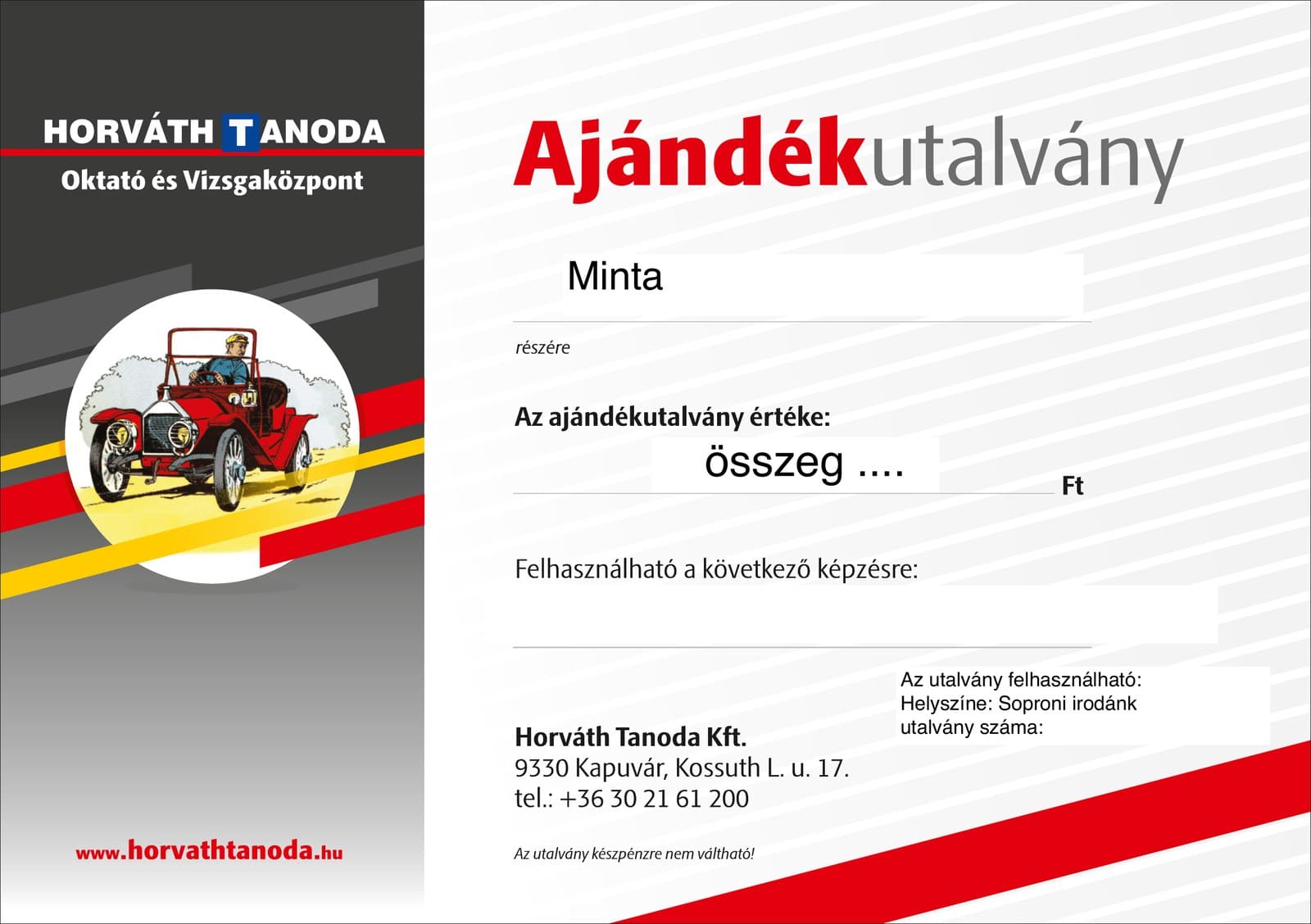 Horváth Tanoda ajándékutalvány — minta